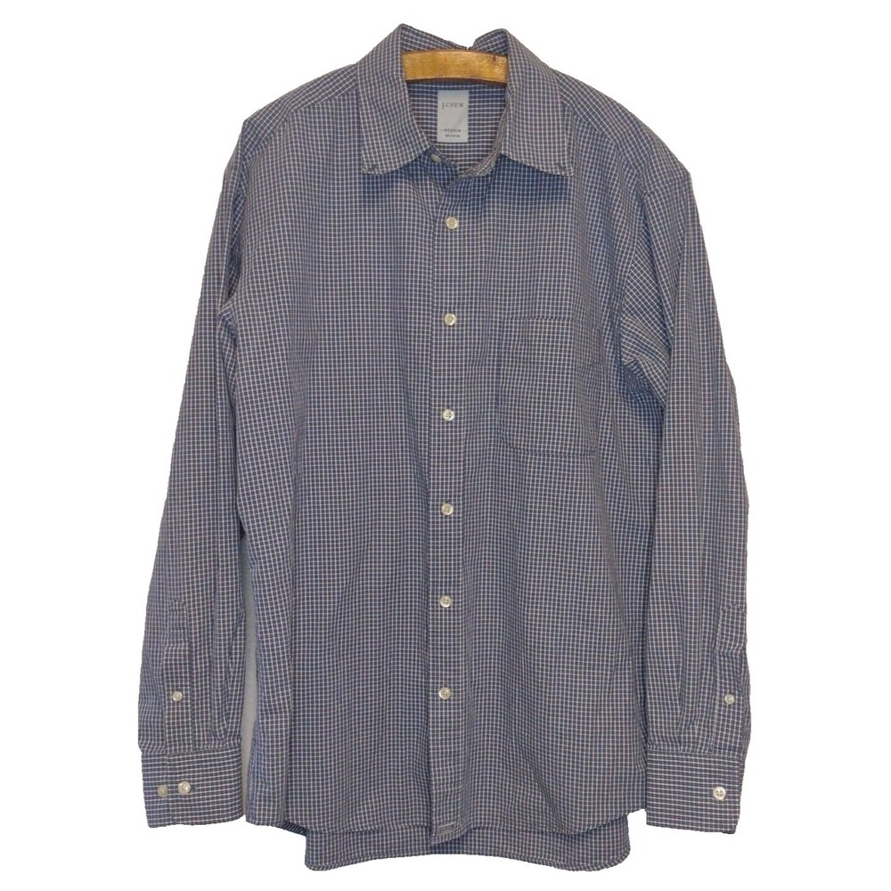 J.Crew Mens Medium Blue White Micro Check Cotton Button Down Shirt Long Sleeve